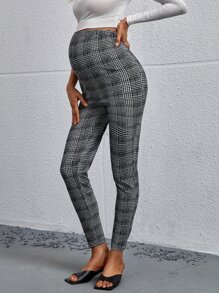 SHEIN Maternity Plaid Adjustable Waist Skinny Trousers - Black and White - View 5
