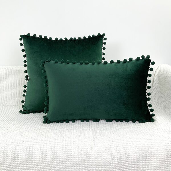 

1pc Pom Pom Decor Cushion Cover Without Filler, Green