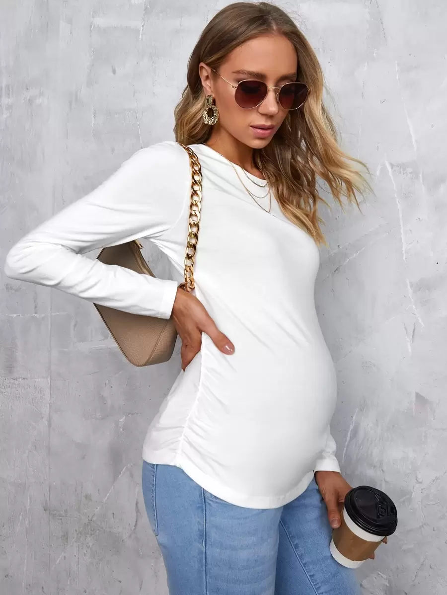 SHEIN Maternidad Ajustado Fruncido, Camiseta Slim Fit - Blanco - Ver 1