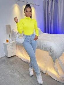 SHEIN Essnce Camiseta De Cuello Alto Ajustada De Manga Larga De Punto Acanalado Para Primavera - Amarillo - Ver 4