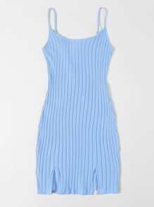 SHEIN EZwear Ribbed Cami M-Slit Bodycon Mini Dress,Tea Party Dress,Summer Dresses For Women - Baby Blue - View 4