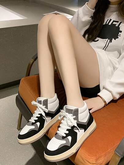 Fall/Winter Colorblock Lace-Up Front Skate Shoes Women Black High Top Sneakers