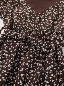 小女童小碎花收褶袖荷葉邊繫腰帶洋裝