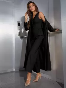 Modelyn Solid Button Front Tank Top & Wide Leg Trousers & Coat - Black - View 1
