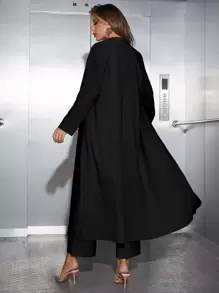 Modelyn Solid Button Front Tank Top & Wide Leg Trousers & Coat - Black - View 2