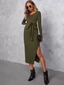 SHEIN Maternity Split Thigh Belted Dress - Army Green - View 1