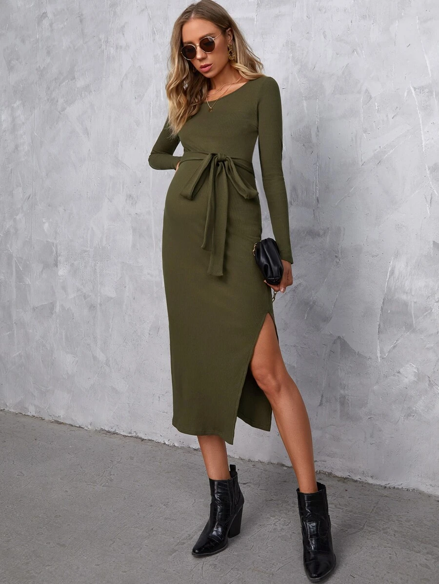 SHEIN Maternity Split Thigh Belted Dress - Army Green - View 1