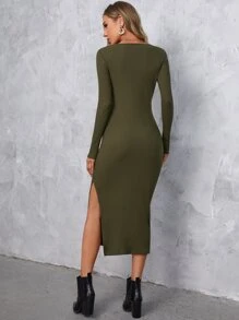 SHEIN Maternity Split Thigh Belted Dress - Army Green - View 2