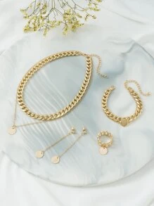 Disc Charm Layered Necklace & Drop Earrings & Bracelet & Ring - Yellow Gold - View 1