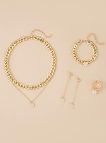 Disc Charm Layered Necklace & Drop Earrings & Bracelet & Ring - Yellow Gold - View 2