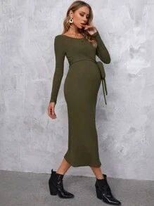 SHEIN Maternity Split Thigh Belted Dress - Army Green - View 4