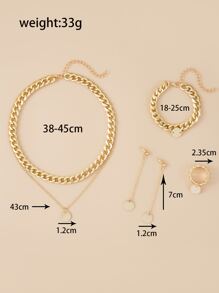 Disc Charm Layered Necklace & Drop Earrings & Bracelet & Ring - Yellow Gold - View 3