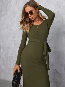 SHEIN Maternity Split Thigh Belted Dress - Army Green - View 5