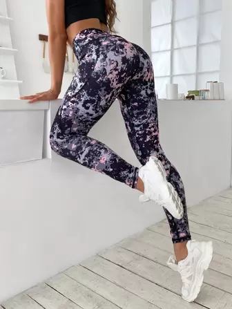 Mallas deportivas con efecto teñido anudado, mallas deportivas de gran elasticidad con costuras superiores y bolsillo lateral para teléfono