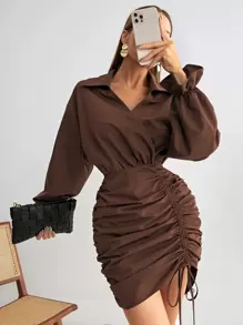 Flounce Sleeve Drawstring Front Ruched Side Dress