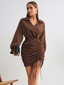 Flounce Sleeve Drawstring Front Ruched Side Dress