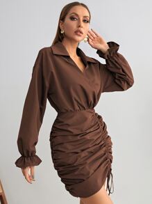 Flounce Sleeve Drawstring Front Ruched Side Dress