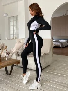 SHEIN Dewbera Zipper Front Contrast Panel Absorbs Sweat Breathable Softness Sports Jumpsuit Full Softness Sports Jumpsuit - Black - View 3