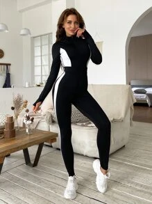 SHEIN Dewbera Zipper Front Contrast Panel Absorbs Sweat Breathable Softness Sports Jumpsuit Full Softness Sports Jumpsuit - Black - View 4