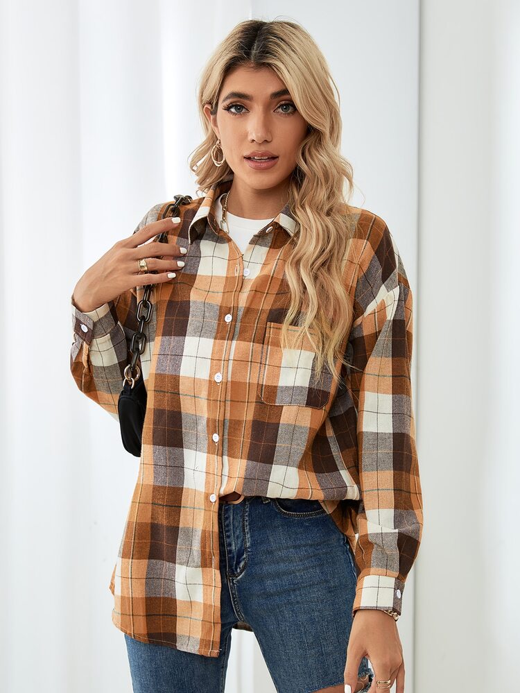 SHEIN LUNE Drop Shoulder Tartan Longline Blouse - Multicolor - View 5