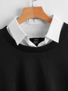 SHEIN EZwear Drop Shoulder Contrast Collar Pullover - Black - View 3