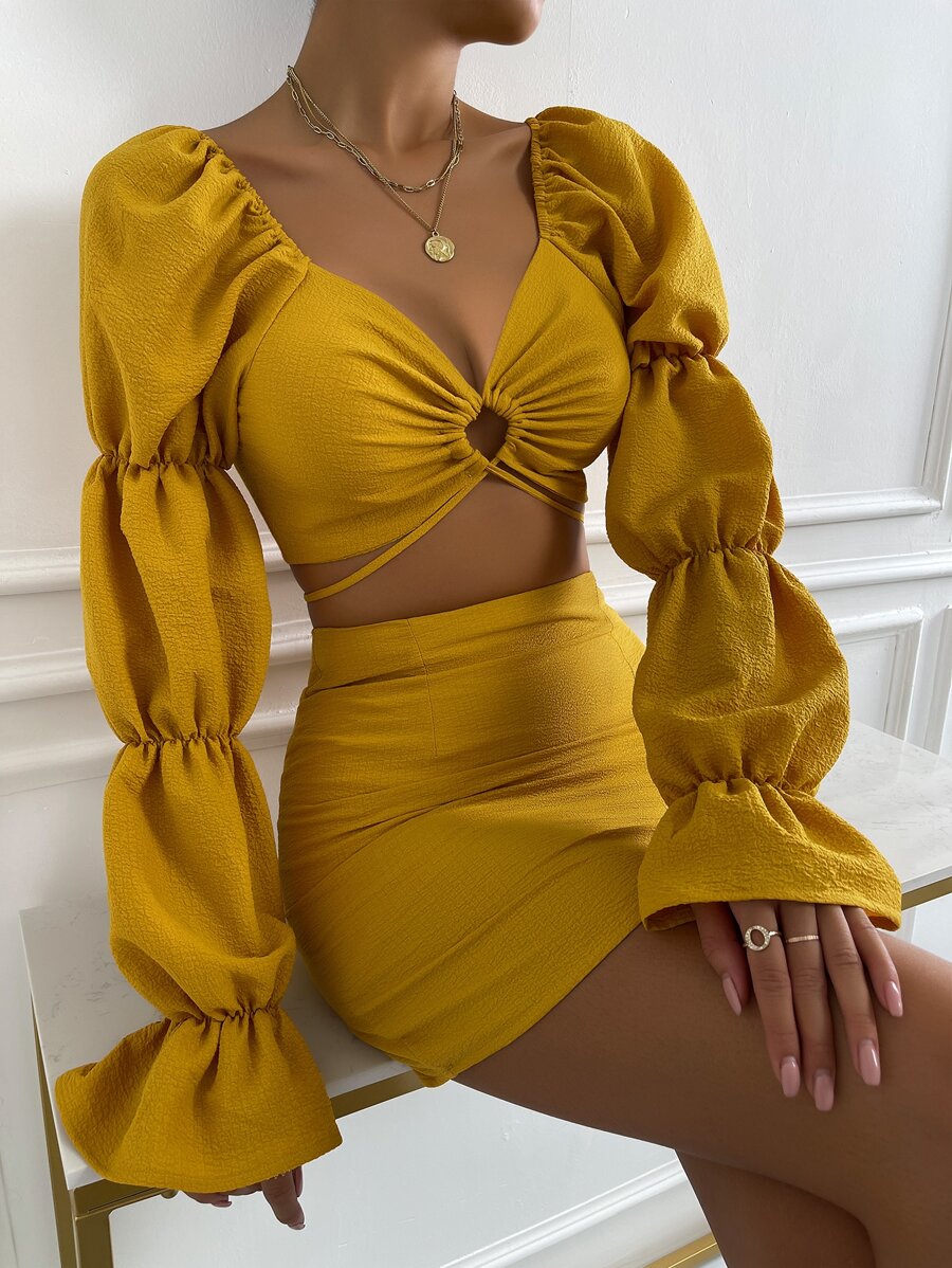SHEIN Privé Cut Out Gathered Sleeve Flounce Cuff Crop Top & Bodycon Skirt - Mustard Yellow - View 1