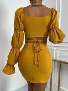 SHEIN Privé Cut Out Gathered Sleeve Flounce Cuff Crop Top & Bodycon Skirt - Mustard Yellow - View 2