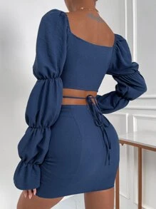 Zolique Cut Out Gathered Sleeve Flounce Cuff Crop Top & Bodycon Skirt - Blue - View 2