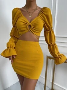 SHEIN Privé Cut Out Gathered Sleeve Flounce Cuff Crop Top & Bodycon Skirt - Mustard Yellow - View 4