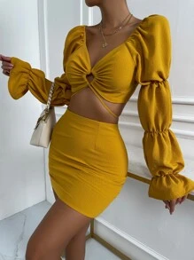 SHEIN Privé Cut Out Gathered Sleeve Flounce Cuff Crop Top & Bodycon Skirt - Mustard Yellow - View 5