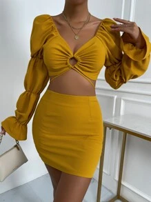 SHEIN Privé Cut Out Gathered Sleeve Flounce Cuff Crop Top & Bodycon Skirt - Mustard Yellow - View 6