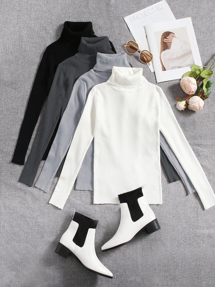 SHEIN Essnce Áo len nữ Gân đan màu trơn Giải trí - Nhiều màu - Xem 1
