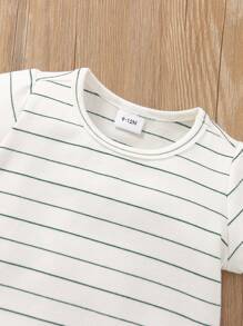 女嬰條紋圖案T恤連體衣帶背帶連體短褲 - 彩色 - 查看 3