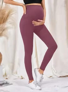 SHEIN 孕婦素色寬腰帶運動打底褲 - 紫色 - 查看 1