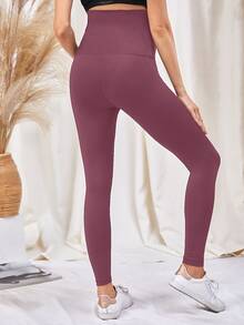 SHEIN 孕婦素色寬腰帶運動打底褲 - 紫色 - 查看 2