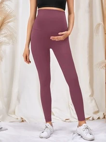 SHEIN 孕婦素色寬腰帶運動打底褲 - 紫色 - 查看 3