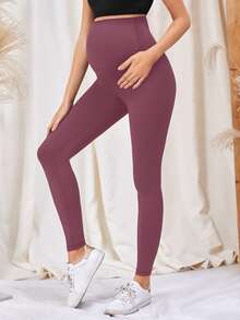 SHEIN 孕婦素色寬腰帶運動打底褲 - 紫色 - 查看 4