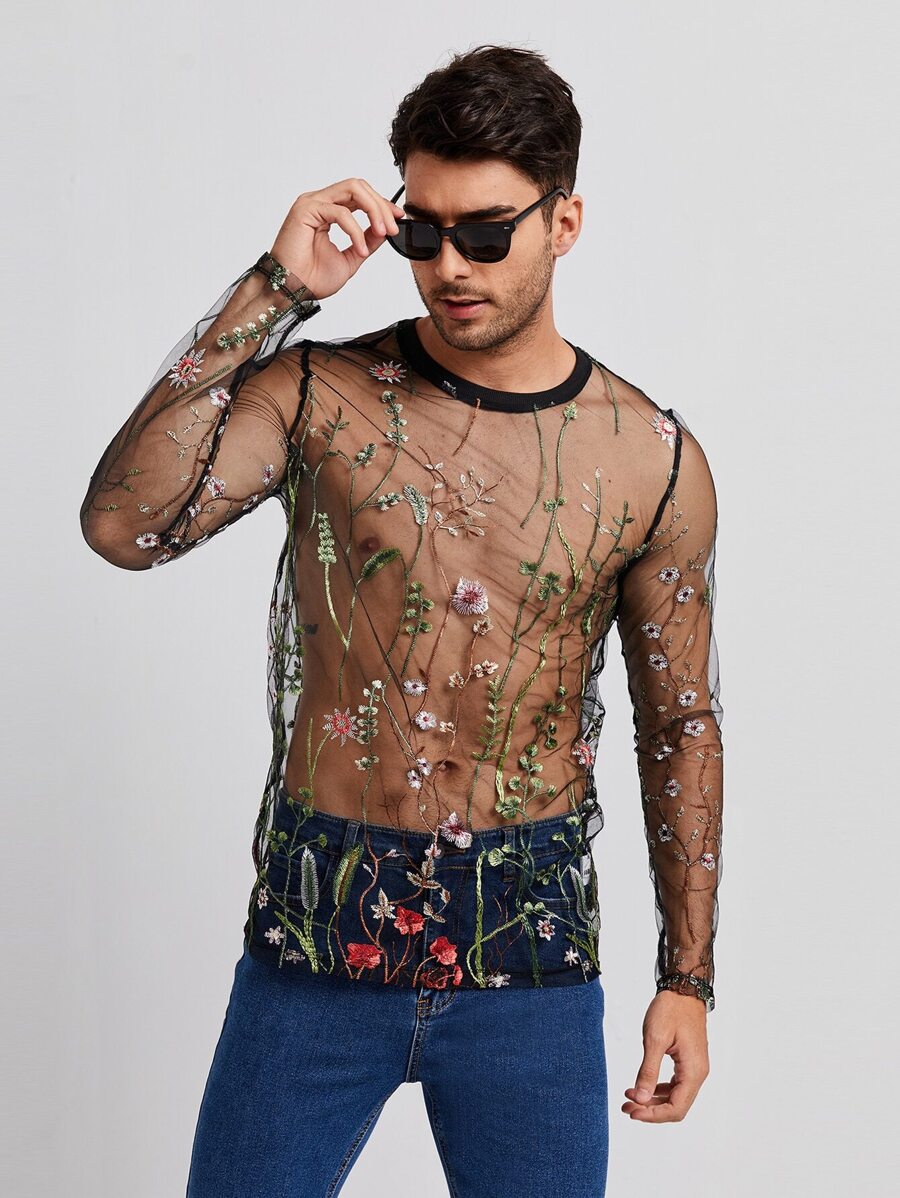 GENTILAND Men Floral Embroidery Mesh Tee - Multicolor - View 1