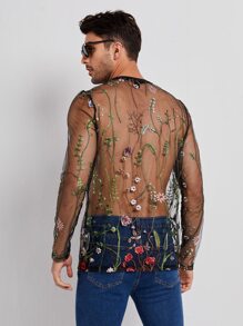GENTILAND Men Floral Embroidery Mesh Tee - Multicolor - View 2