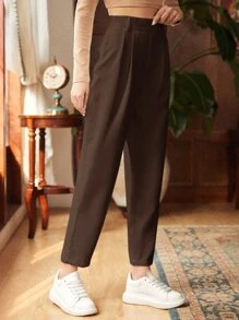SHEIN Frenchy Fold Pleated Solid Cord Trousers - Chocolate Brown - View 1