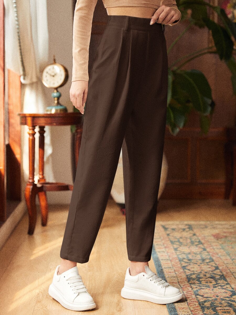 SHEIN Frenchy Fold Pleated Solid Cord Trousers - Chocolate Brown - View 1