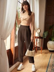 SHEIN Frenchy Fold Pleated Solid Cord Trousers - Chocolate Brown - View 3