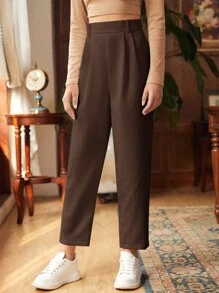 SHEIN Frenchy Fold Pleated Solid Cord Trousers - Chocolate Brown - View 4