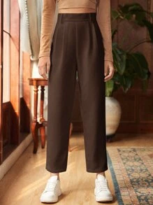 SHEIN Frenchy Fold Pleated Solid Cord Trousers - Chocolate Brown - View 5