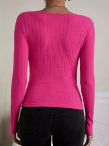 SHEIN Privé Áo thun nữ Trọn gói Gân đan màu trơn Thanh lịch - Màu Hồng Tươi - Xem 2