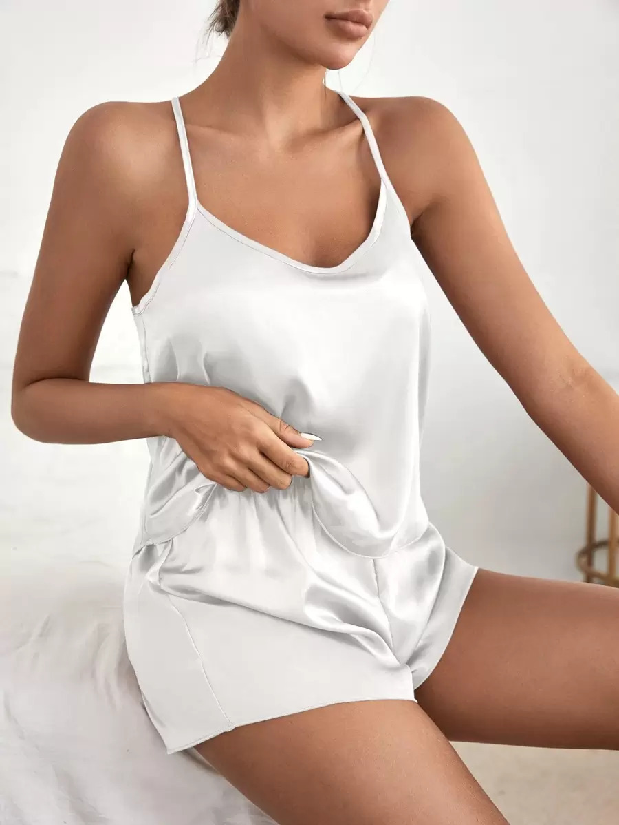 Conjunto de pijama con top tipo camiseta de satén y shorts, conjunto blanco - Blanco - Ver 1