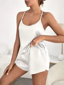 Conjunto de pijama con top tipo camiseta de satén y shorts, conjunto blanco - Blanco - Ver 4