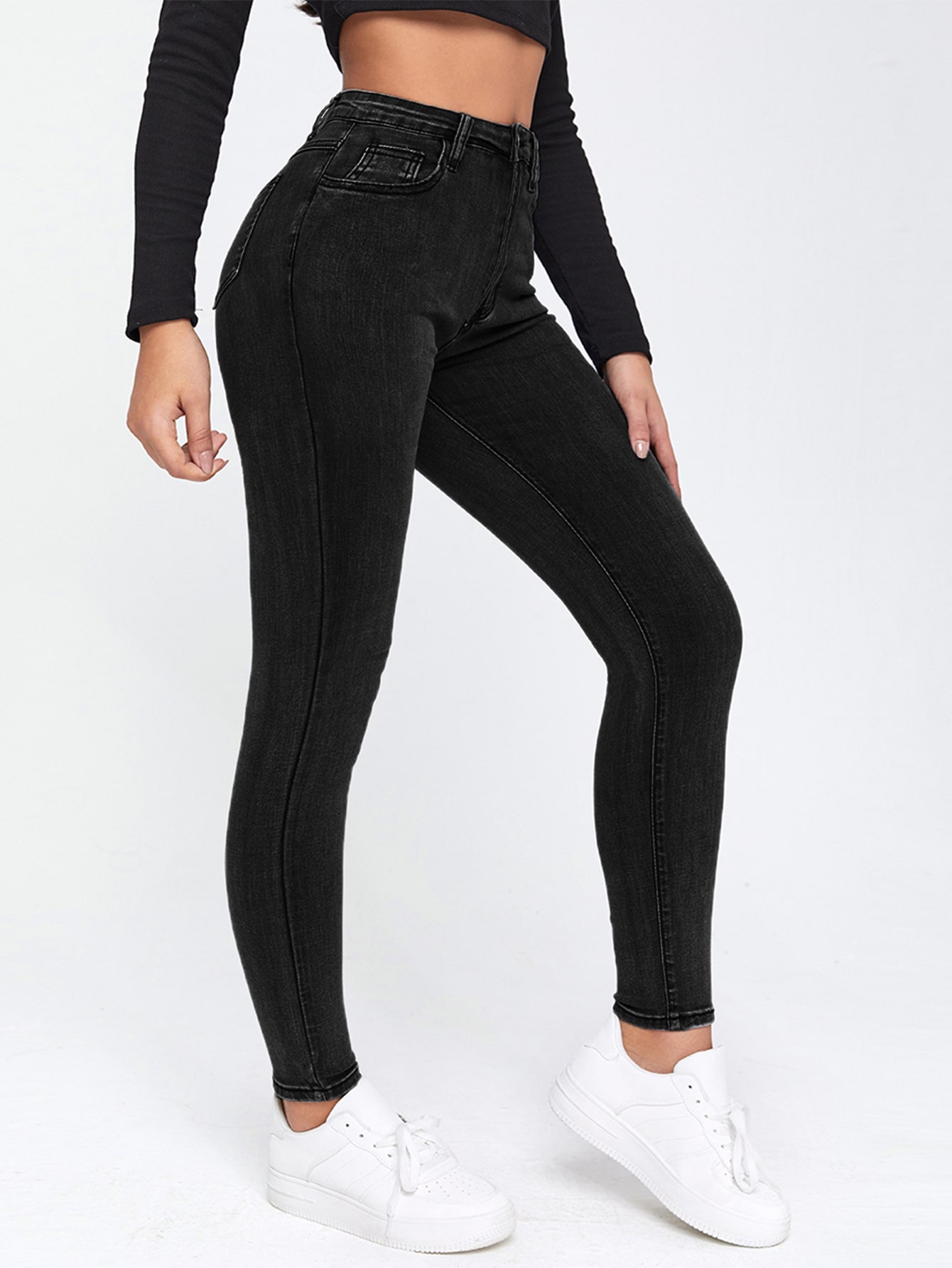 SHEIN Essnce Solid High Waisted Skinny Jeans SHEIN UK