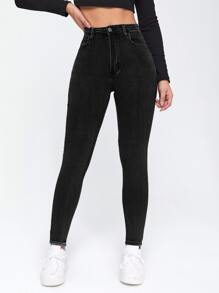 SHEIN Essnce Solid High Waisted Skinny Jeans - Black - View 3