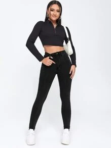 SHEIN Essnce Solid High Waisted Skinny Jeans - Black - View 5